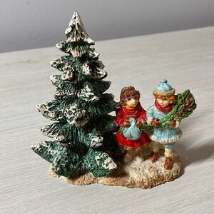 Vintage 1987 Mervyn’s Village Square Holiday Children Figurine Snowy Tree Accent